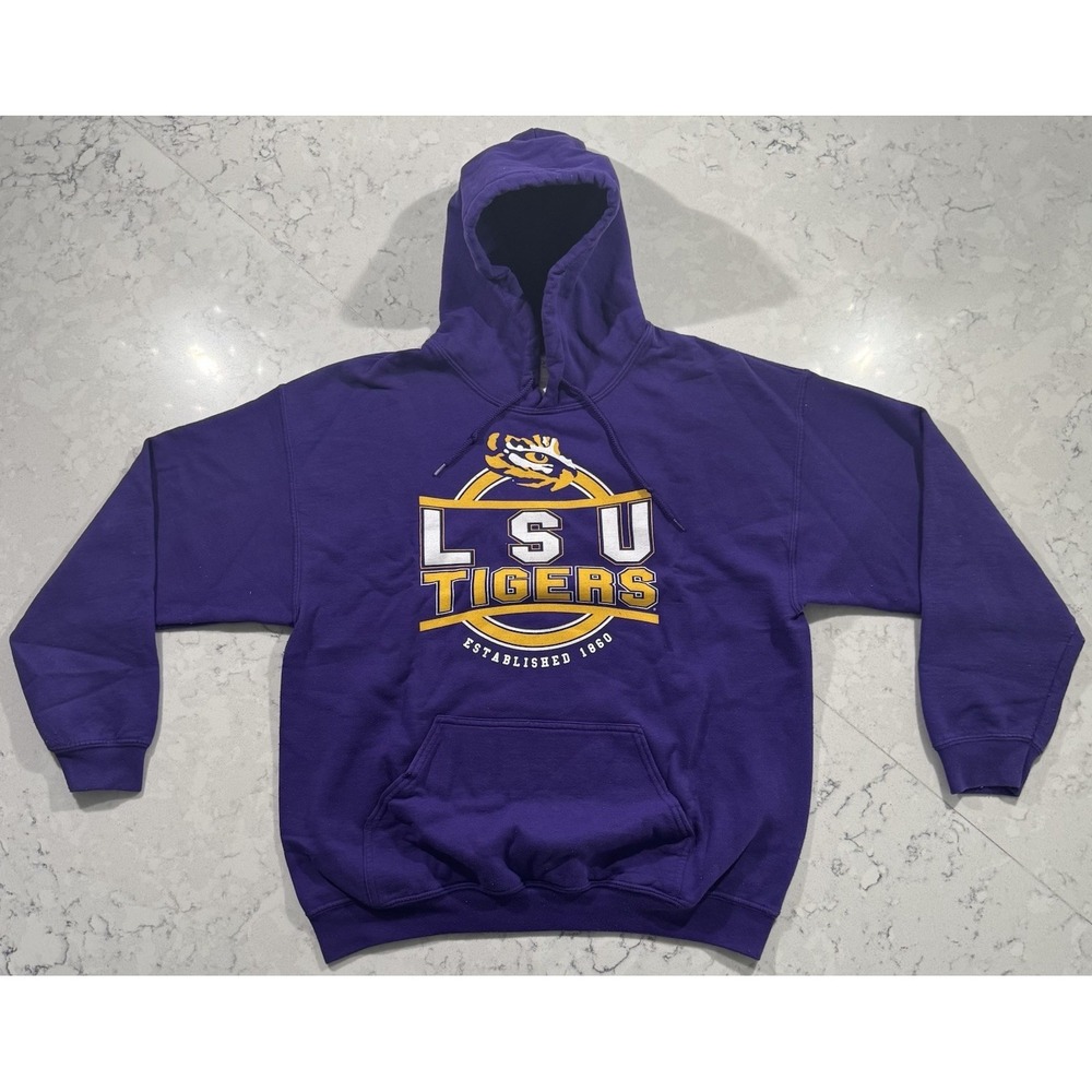 LSU Tigers Hoodie Sweatshirt Mens Large Purple Graphic Fleece Pullover NCAA SEC